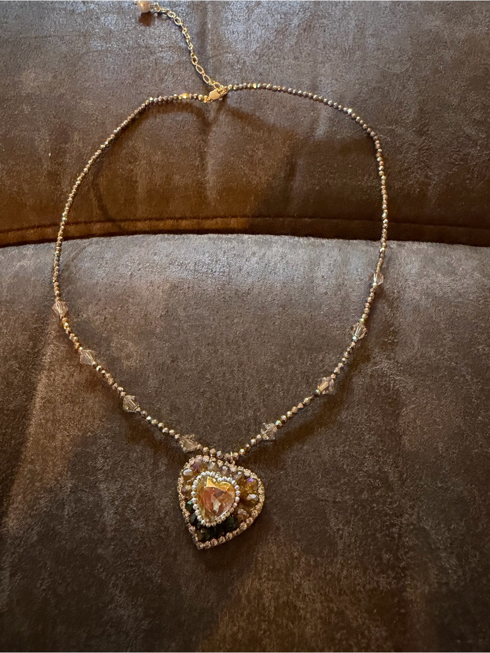 Heart Pendant Crystal Necklace - Champagne & Gold Tones